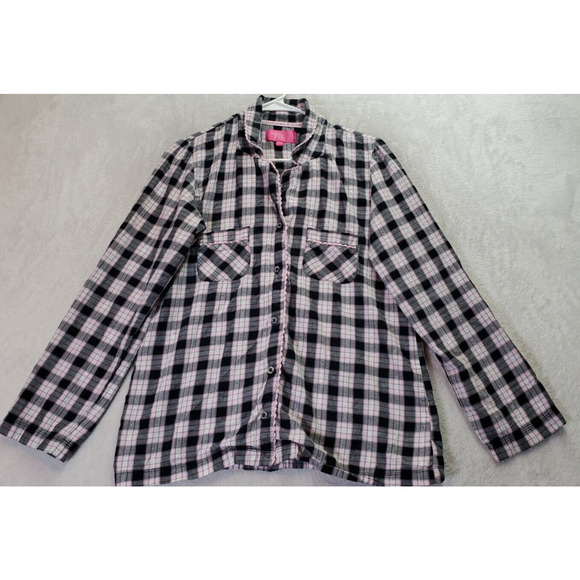 Victoria's Secret Sleepwear Top Women Small Pink Black Plaid Collar Button Front - Picture 1 of 9